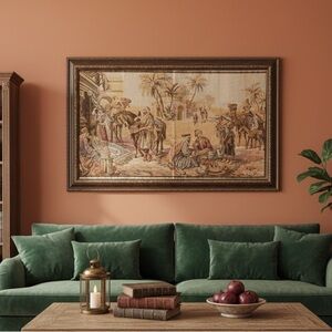 Antique Belgium Orientalist Tapestry Wall Hanging Desert Oasis Scene 36"x20"